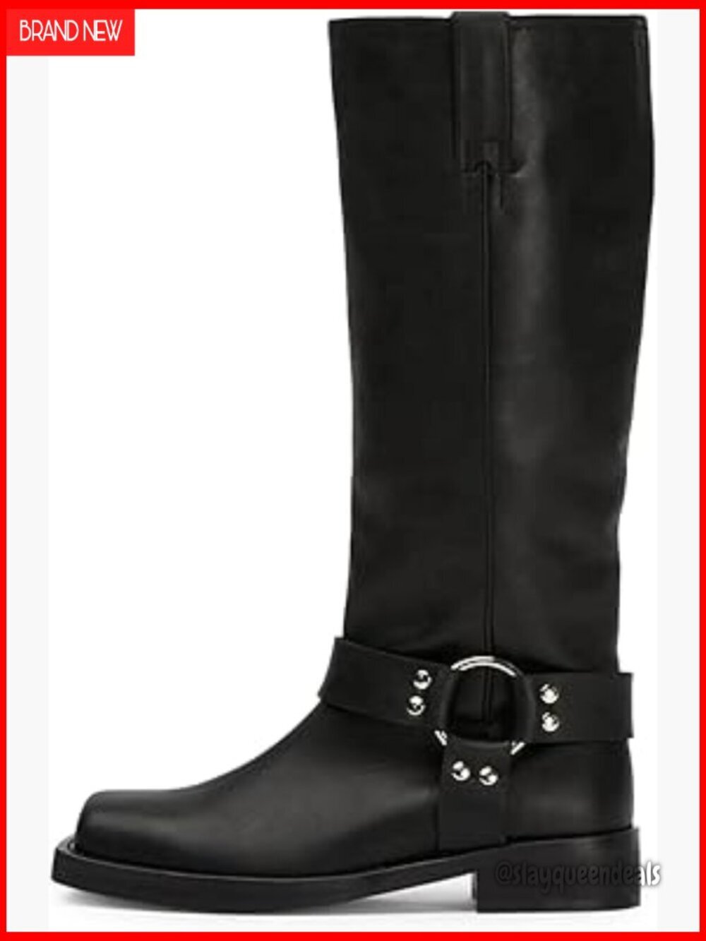 Women's Knee High Riding Boots Leather Studs Chunky Heel Slip On Motorcycle